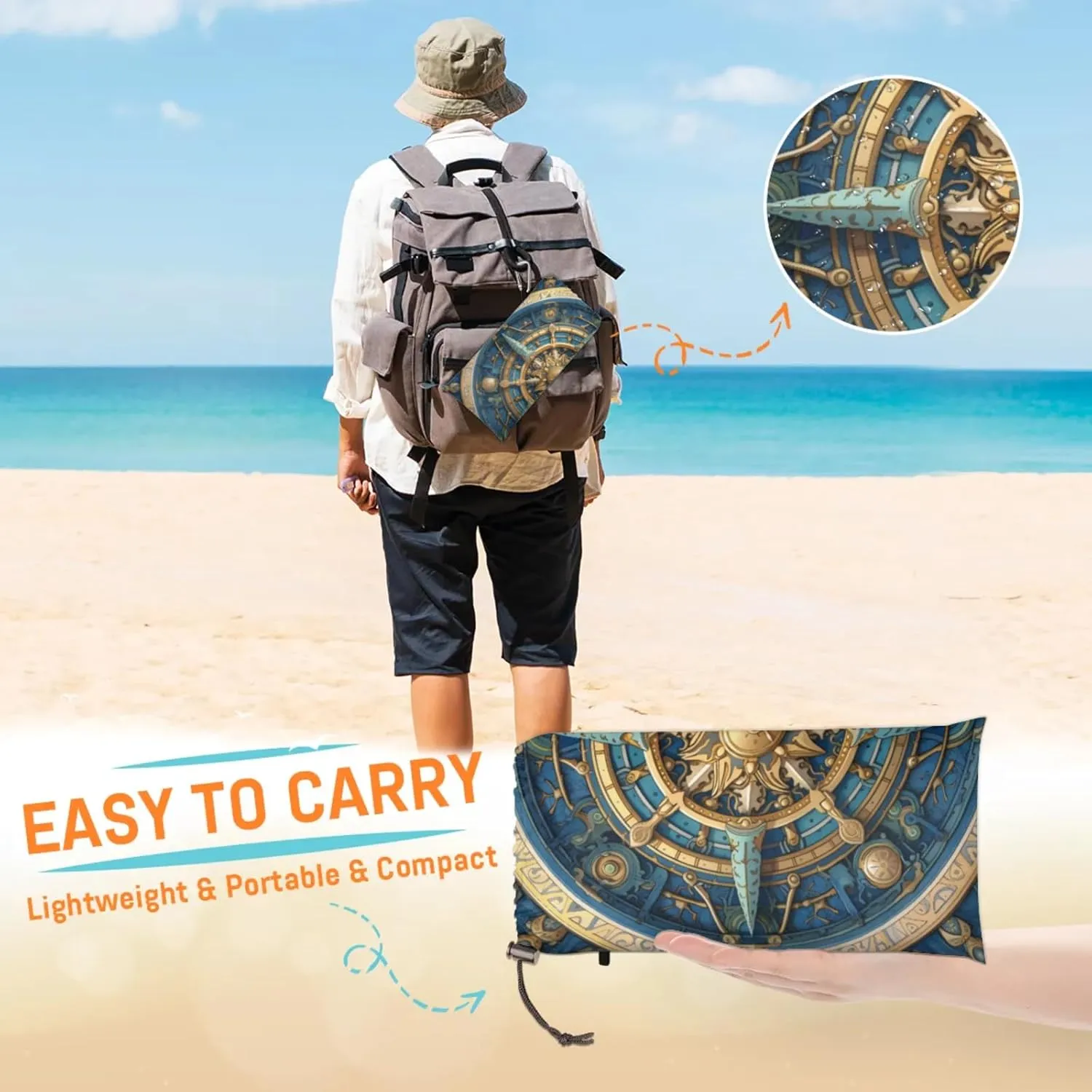 Compass Beach Blanket Waterproof Sandproof Outdoor Picnic Mat Beach Accessories for Camping,Hiking,Travel