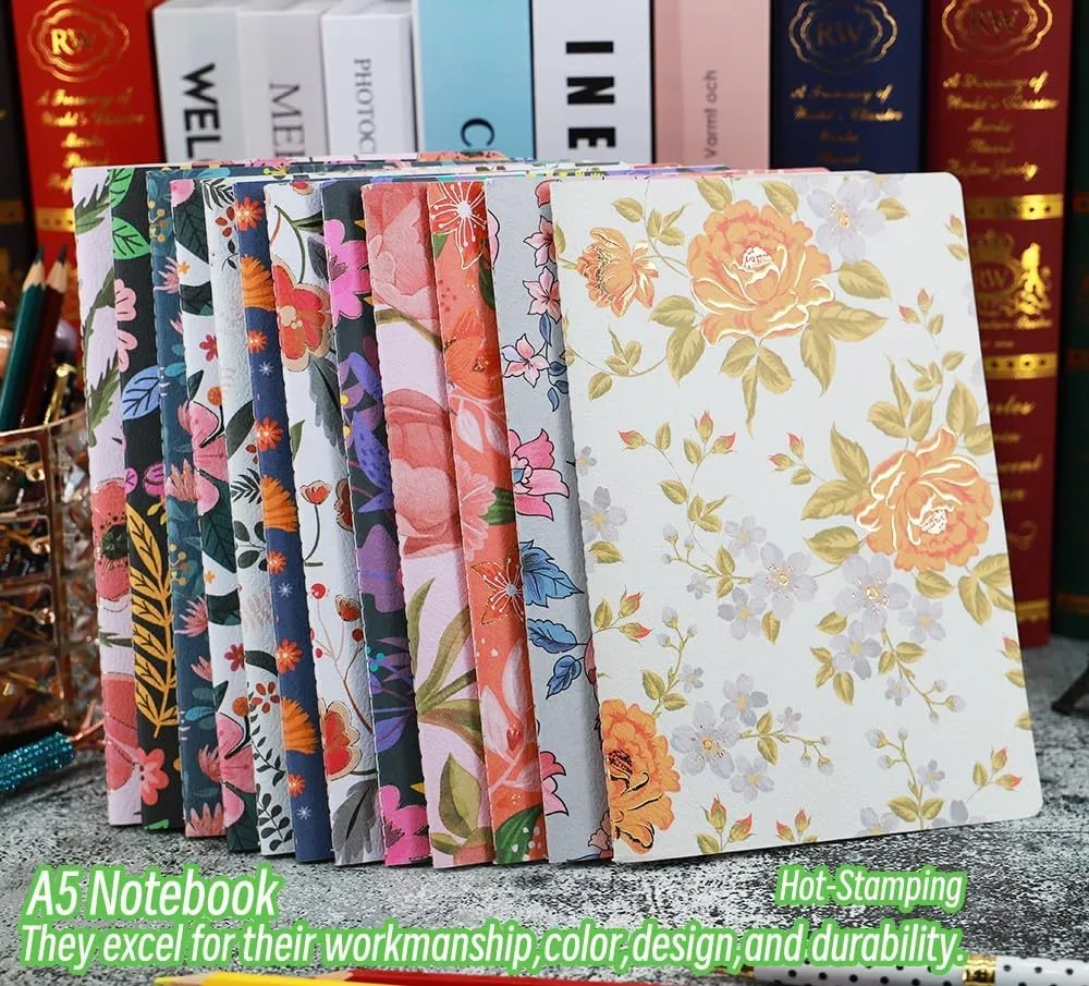 Composition Notebook Journals -12 Pack with 60 Lined Pages, 30 Sheets, Sewn Binding, Hard Cover Books，Embossed Cover in Floral Bliss Pattern (5.75 x 8.35 Inches)，for School, Office, or at-Home Use