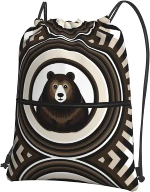 Concentric circles brown bear Water-Resistant Zipper Drawstring Backpack for Gym/Yoga/Travel - Lightweight Foldable 15.3x18 Sports Bag w/Multiple Pockets
