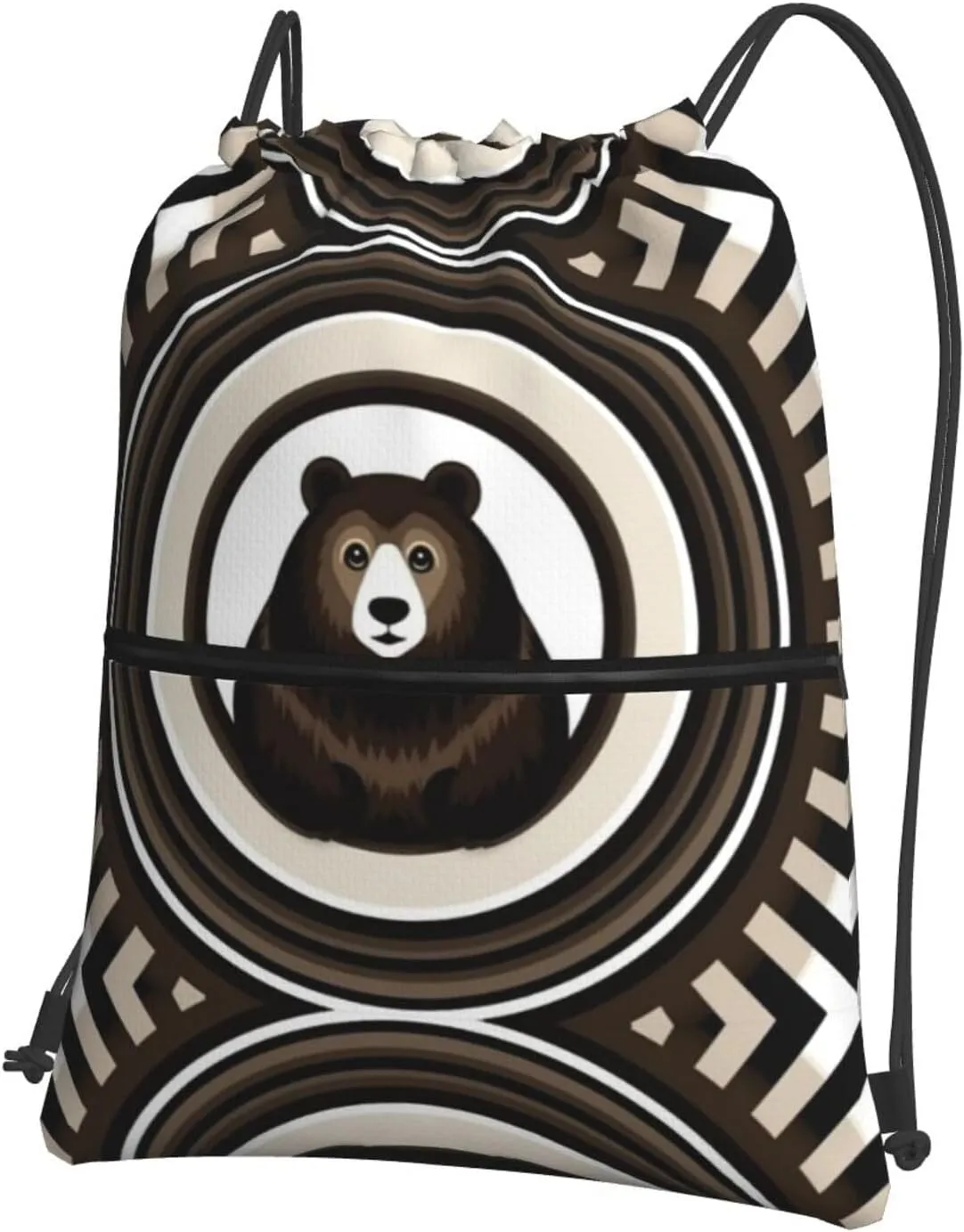Concentric circles brown bear Water-Resistant Zipper Drawstring Backpack for Gym/Yoga/Travel - Lightweight Foldable 15.3x18 Sports Bag w/Multiple Pockets