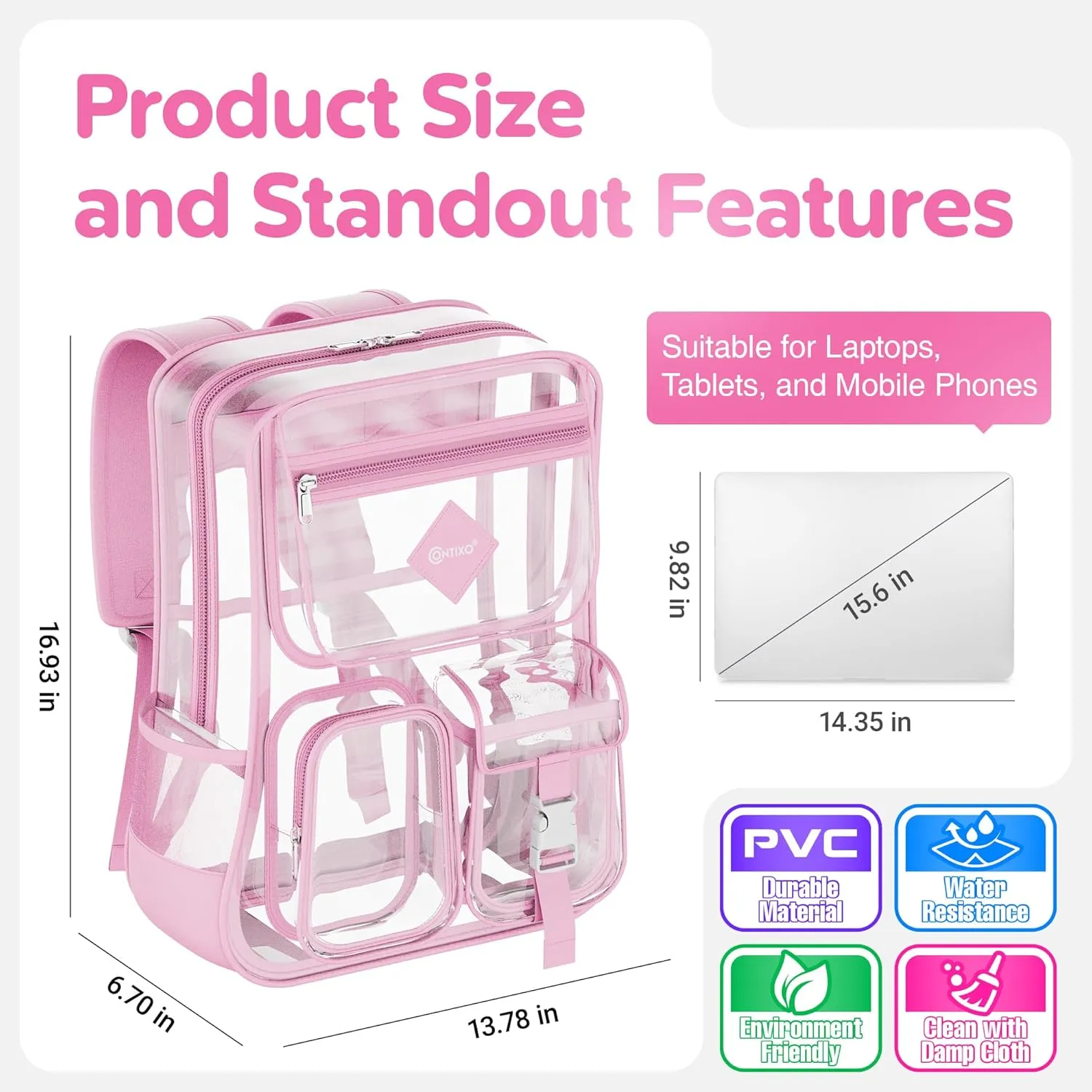 Contixo Clear Backpack for Kids & Adults - Transparent PVC Bookbag - Stadium-Approved Travel Bag for School, Waterproof - Adjustable Straps - Durable Tear-Resistant - 16.9" x 13.7" x 6.6" - Pink