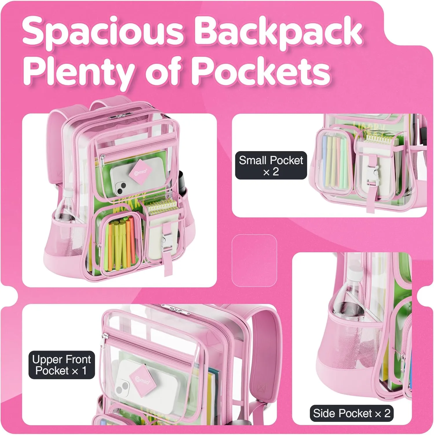 Contixo Clear Backpack for Kids & Adults - Transparent PVC Bookbag - Stadium-Approved Travel Bag for School, Waterproof - Adjustable Straps - Durable Tear-Resistant - 16.9" x 13.7" x 6.6" - Pink