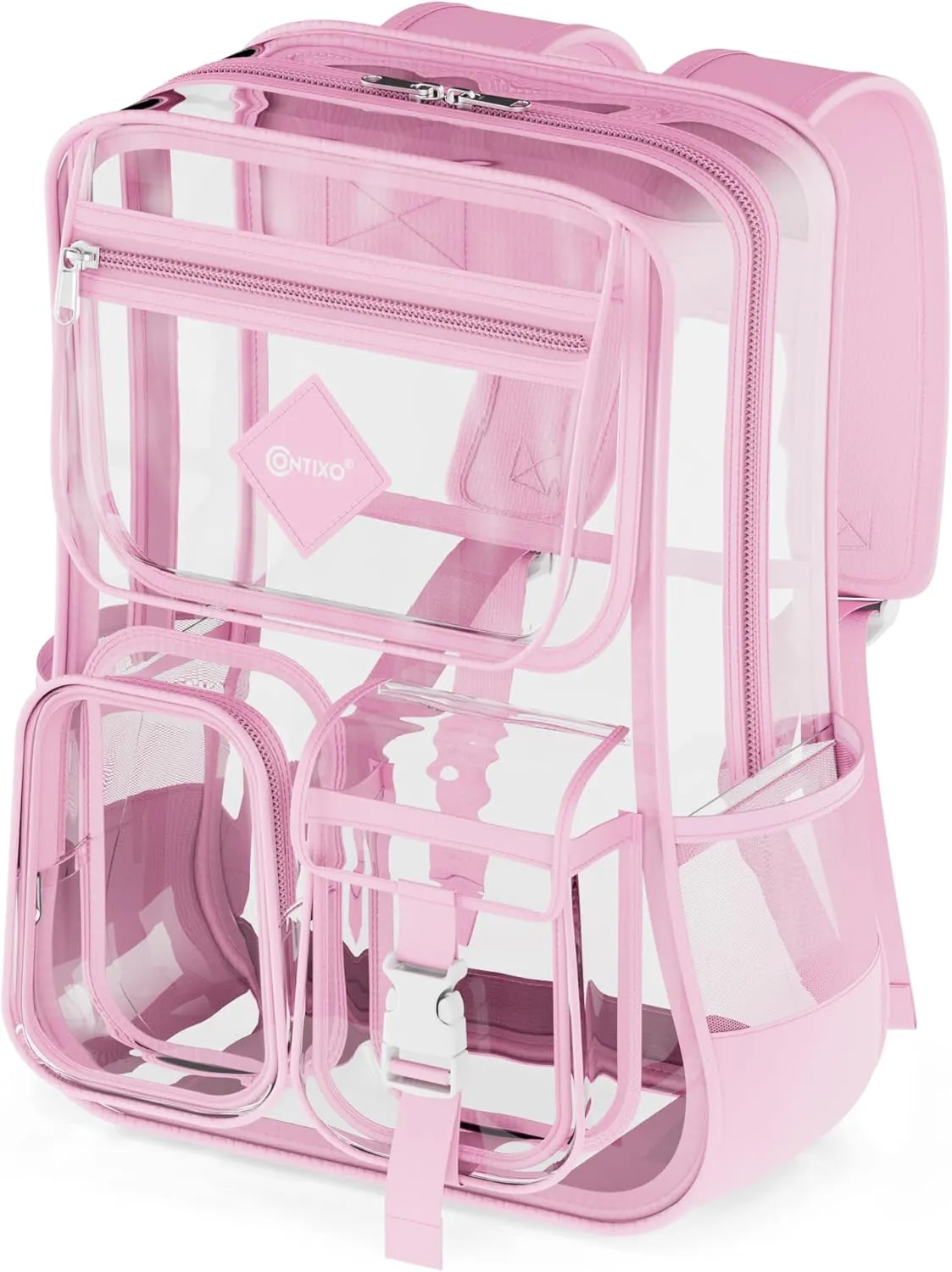 Contixo Clear Backpack for Kids & Adults - Transparent PVC Bookbag - Stadium-Approved Travel Bag for School, Waterproof - Adjustable Straps - Durable Tear-Resistant - 16.9" x 13.7" x 6.6" - Pink