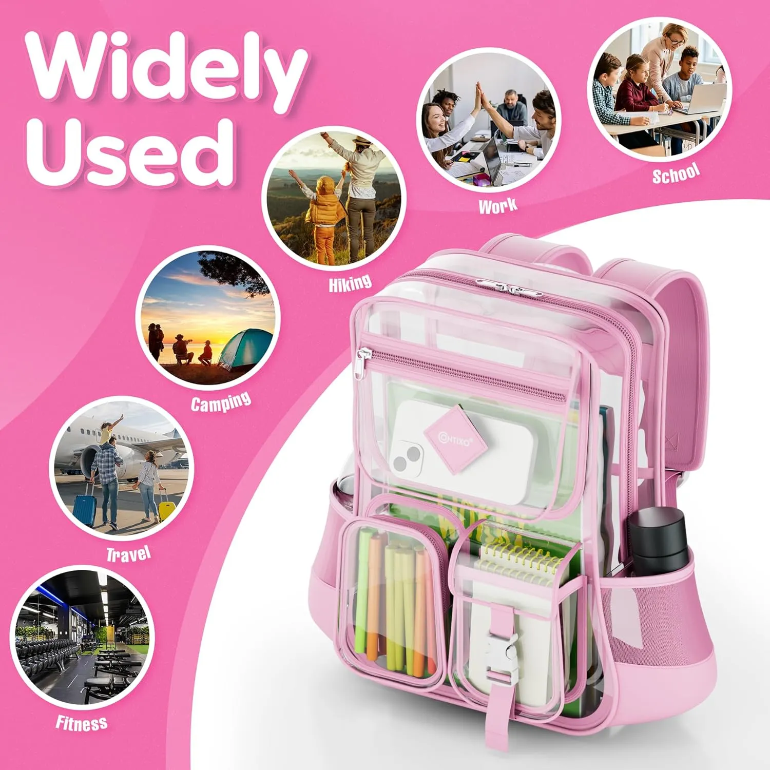 Contixo Clear Backpack for Kids & Adults - Transparent PVC Bookbag - Stadium-Approved Travel Bag for School, Waterproof - Adjustable Straps - Durable Tear-Resistant - 16.9" x 13.7" x 6.6" - Pink