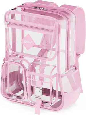 Contixo Clear Backpack for Kids & Adults - Transparent PVC Bookbag - Stadium-Approved Travel Bag for School, Waterproof - Adjustable Straps - Durable Tear-Resistant - 16.9" x 13.7" x 6.6" - Pink