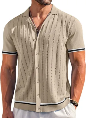 COOFANDY Men's Short Sleeve Knit Shirt Casual Button Down Shirt Vintage Striped Knitted Golf Beach Tops