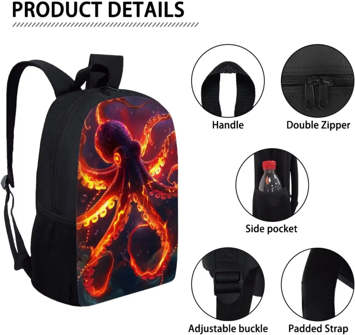 Cool Animal Print Backpack with Lunch Box Pencil Case Magical Lightning Octopus Backpack for Boys Girls Large Capacity Lightweight Red 17 Inch School Bag Set for Kids