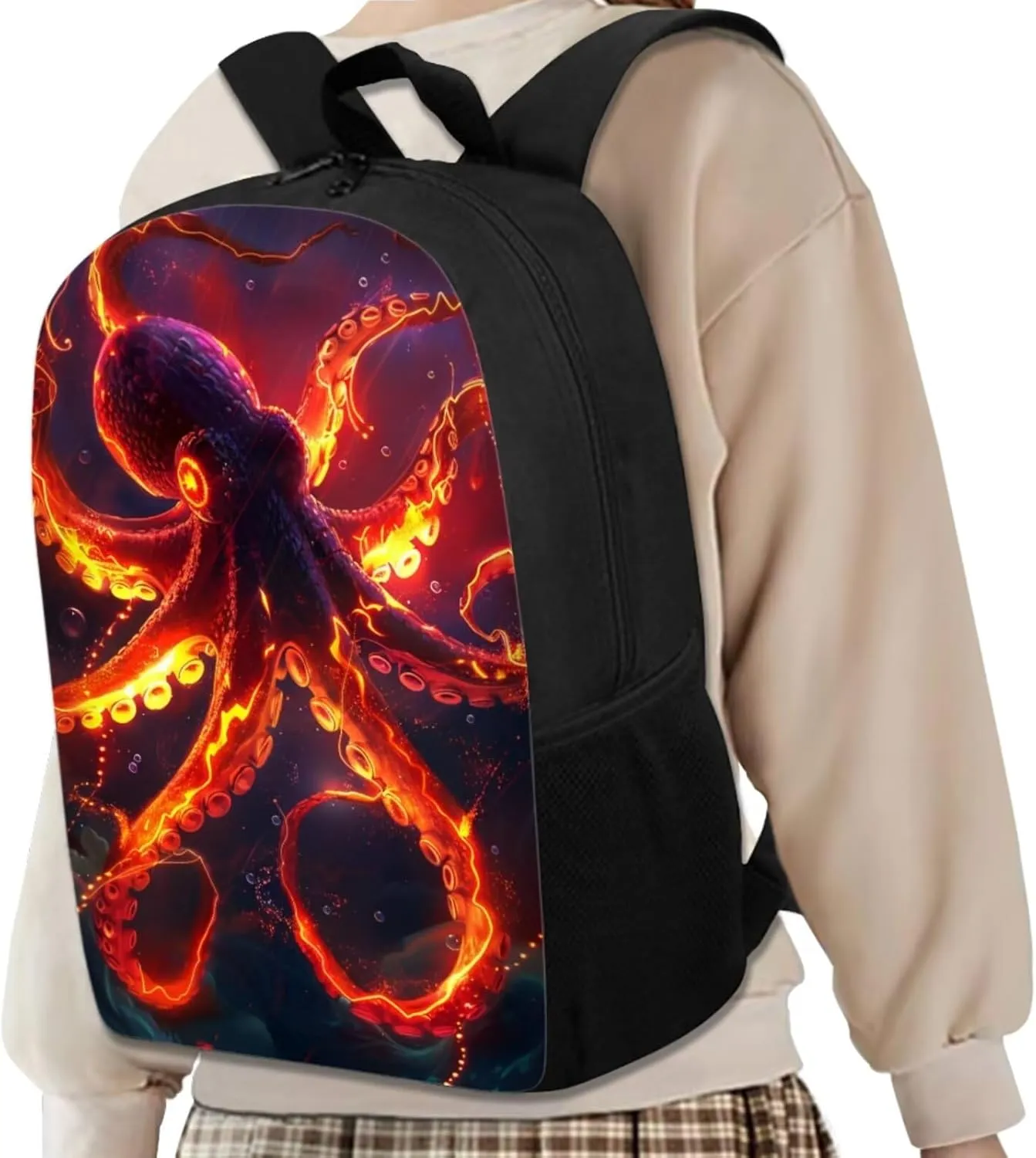 Cool Animal Print Backpack with Lunch Box Pencil Case Magical Lightning Octopus Backpack for Boys Girls Large Capacity Lightweight Red 17 Inch School Bag Set for Kids