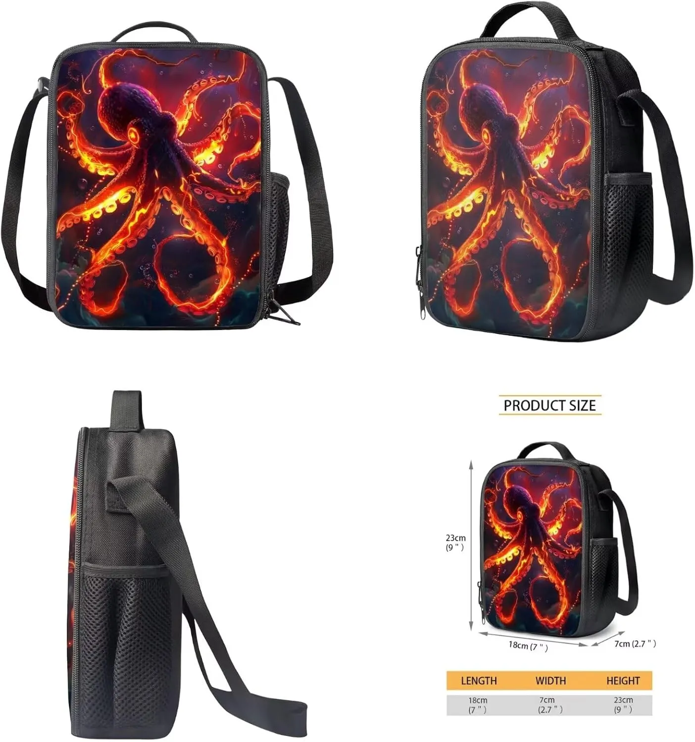 Cool Animal Print Backpack with Lunch Box Pencil Case Magical Lightning Octopus Backpack for Boys Girls Large Capacity Lightweight Red 17 Inch School Bag Set for Kids