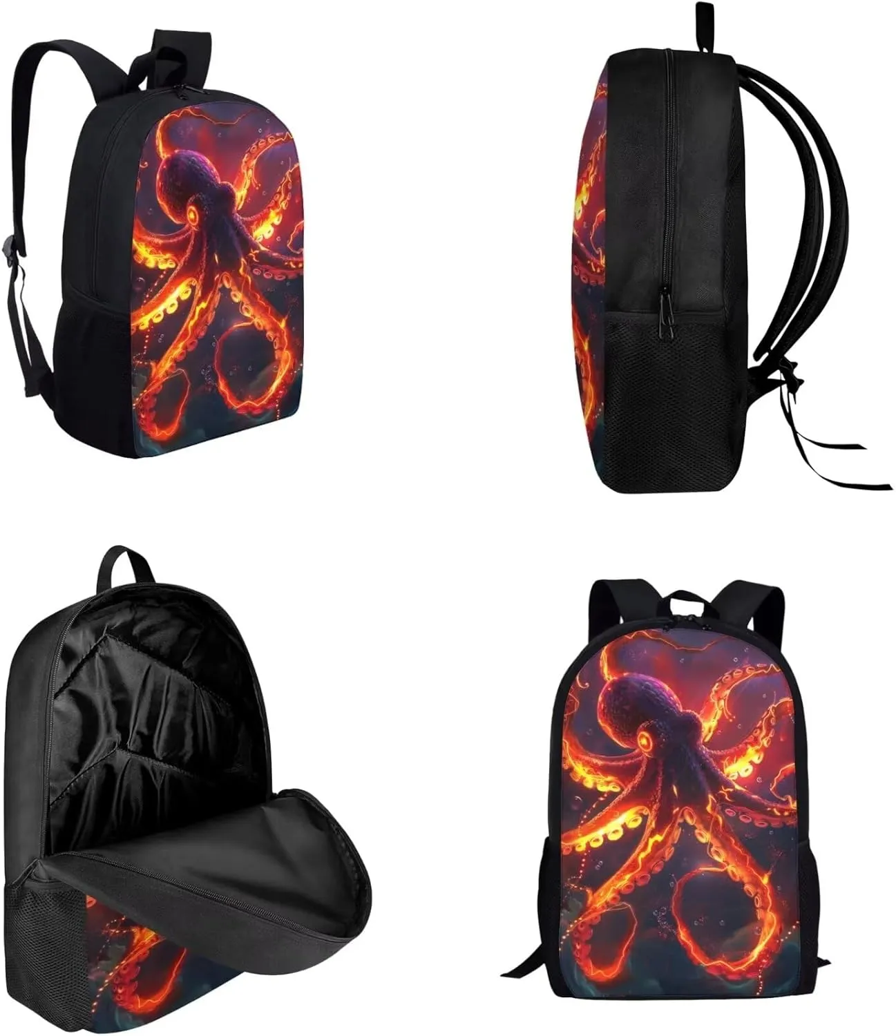 Cool Animal Print Backpack with Lunch Box Pencil Case Magical Lightning Octopus Backpack for Boys Girls Large Capacity Lightweight Red 17 Inch School Bag Set for Kids