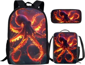 Cool Animal Print Backpack with Lunch Box Pencil Case Magical Lightning Octopus Backpack for Boys Girls Large Capacity Lightweight Red 17 Inch School Bag Set for Kids