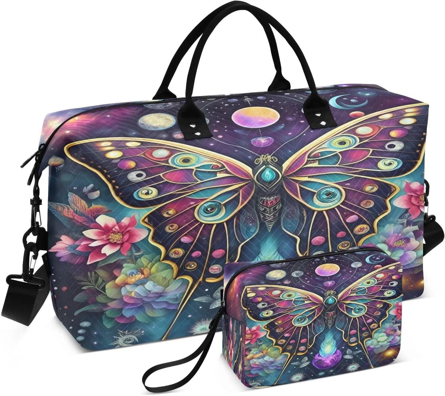 Cosmic Butterfly Flowers Darkblue Sports Gym Bag for Women Men Travel Duffel Bag Weekend Overnight Carry on Bag with Toiletry Bag Training Handbag for Workout Swimming Yoga Plane Hospital