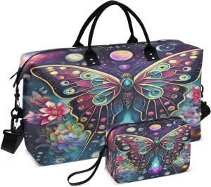 Cosmic Butterfly Flowers Darkblue Sports Gym Bag for Women Men Travel Duffel Bag Weekend Overnight Carry on Bag with Toiletry Bag Training Handbag for Workout Swimming Yoga Plane Hospital