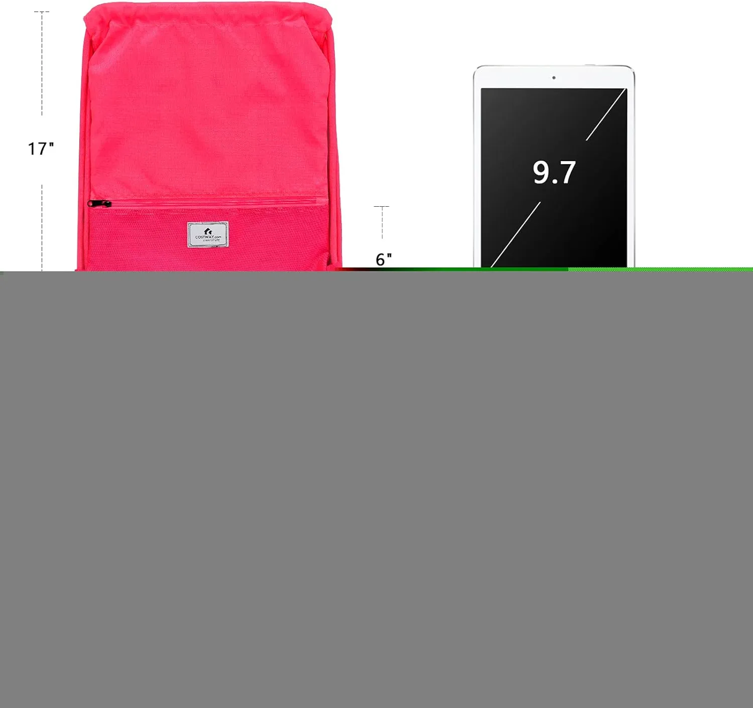 COSTWAY Drawstring Backpack, Folding Sports Gym Sackpack with Zipper Pockets, String Cinch Bag for Gym Shopping Sport Yoga Beach Travel Camping Workout Gear (Pink)