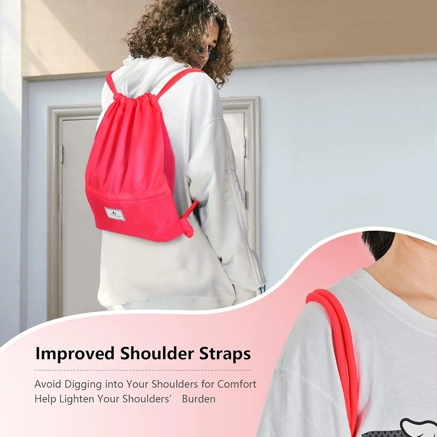 COSTWAY Drawstring Backpack, Folding Sports Gym Sackpack with Zipper Pockets, String Cinch Bag for Gym Shopping Sport Yoga Beach Travel Camping Workout Gear (Pink)