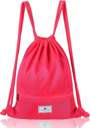 COSTWAY Drawstring Backpack, Folding Sports Gym Sackpack with Zipper Pockets, String Cinch Bag for Gym Shopping Sport Yoga Beach Travel Camping Workout Gear (Pink)