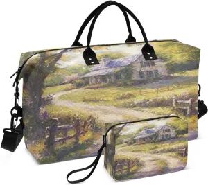 Cottage Winding Road Yellow Sports Gym Bag for Women Men Travel Duffel Bag Weekend Overnight Carry on Bag with Toiletry Bag for Swimming Yoga Workout Plane Hospital