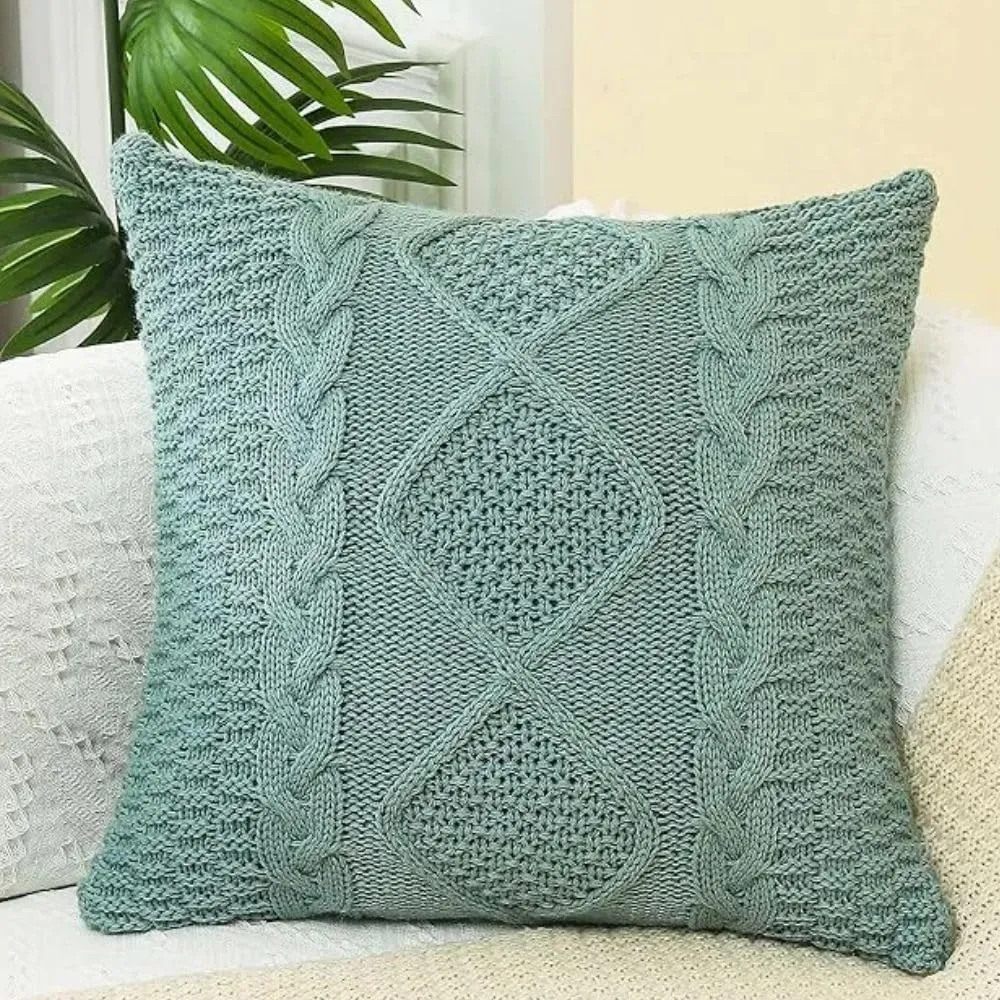 Cotton Cable Knit Pillow Covers,Cushion,Soft Decorative Double Side Knitted Throw Pillow Cover for Bed Car Couch Sweater Square Warm Pillowcase (Lake Blue)