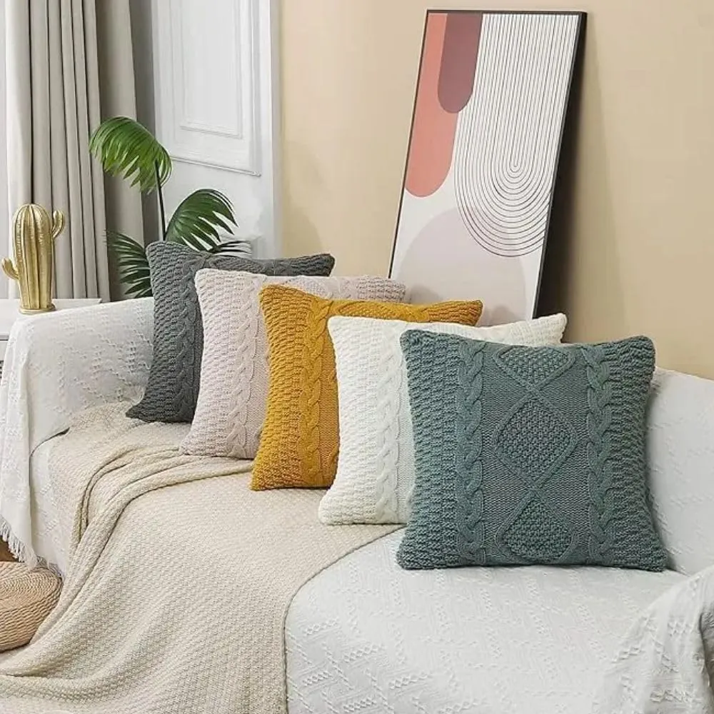 Cotton Cable Knit Pillow Covers,Cushion,Soft Decorative Double Side Knitted Throw Pillow Cover for Bed Car Couch Sweater Square Warm Pillowcase (Lake Blue)