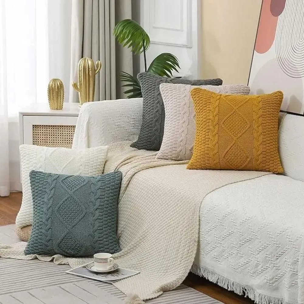 Cotton Cable Knit Pillow Covers,Cushion,Soft Decorative Double Side Knitted Throw Pillow Cover for Bed Car Couch Sweater Square Warm Pillowcase (Lake Blue)