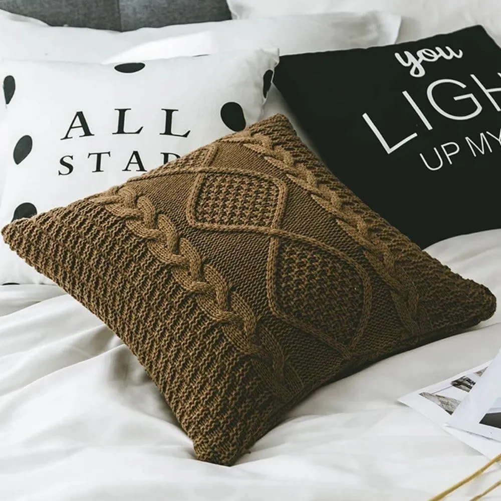 Cotton Cable Knit Pillow Covers,Cushion,Soft Decorative Double Side Knitted Throw Pillow Cover for Bed Car Couch Sweater Square Warm Pillowcase (Light Brown)