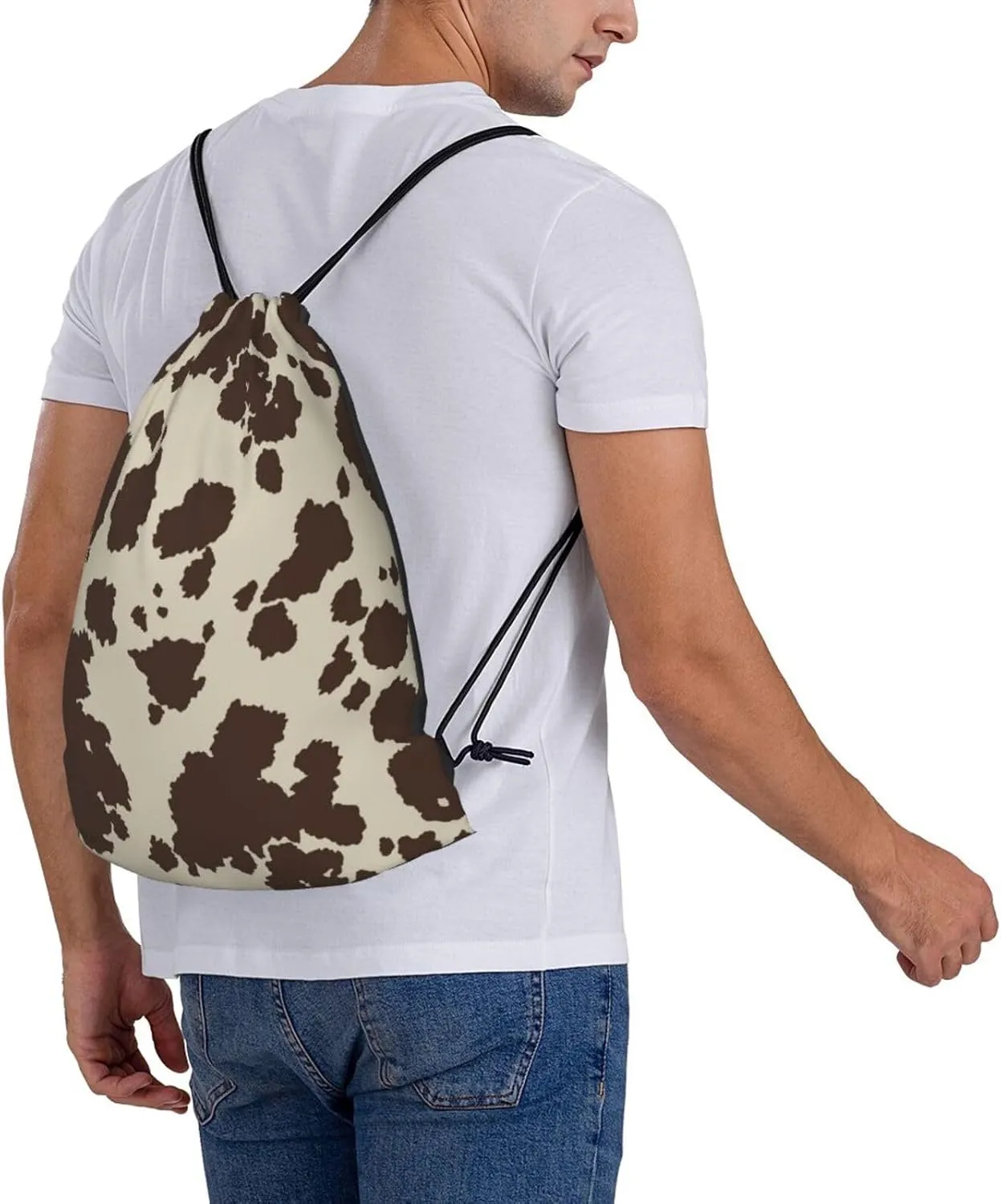 Cow Print Drawstring Bags Backpack Bag Brown Cow Fur Texture Western Farmhouse Cowhide String Bag Animal Skin Pattern Gym Backpack for Women Men Lightweight Sports Yoga Travel Bag Storage Bag