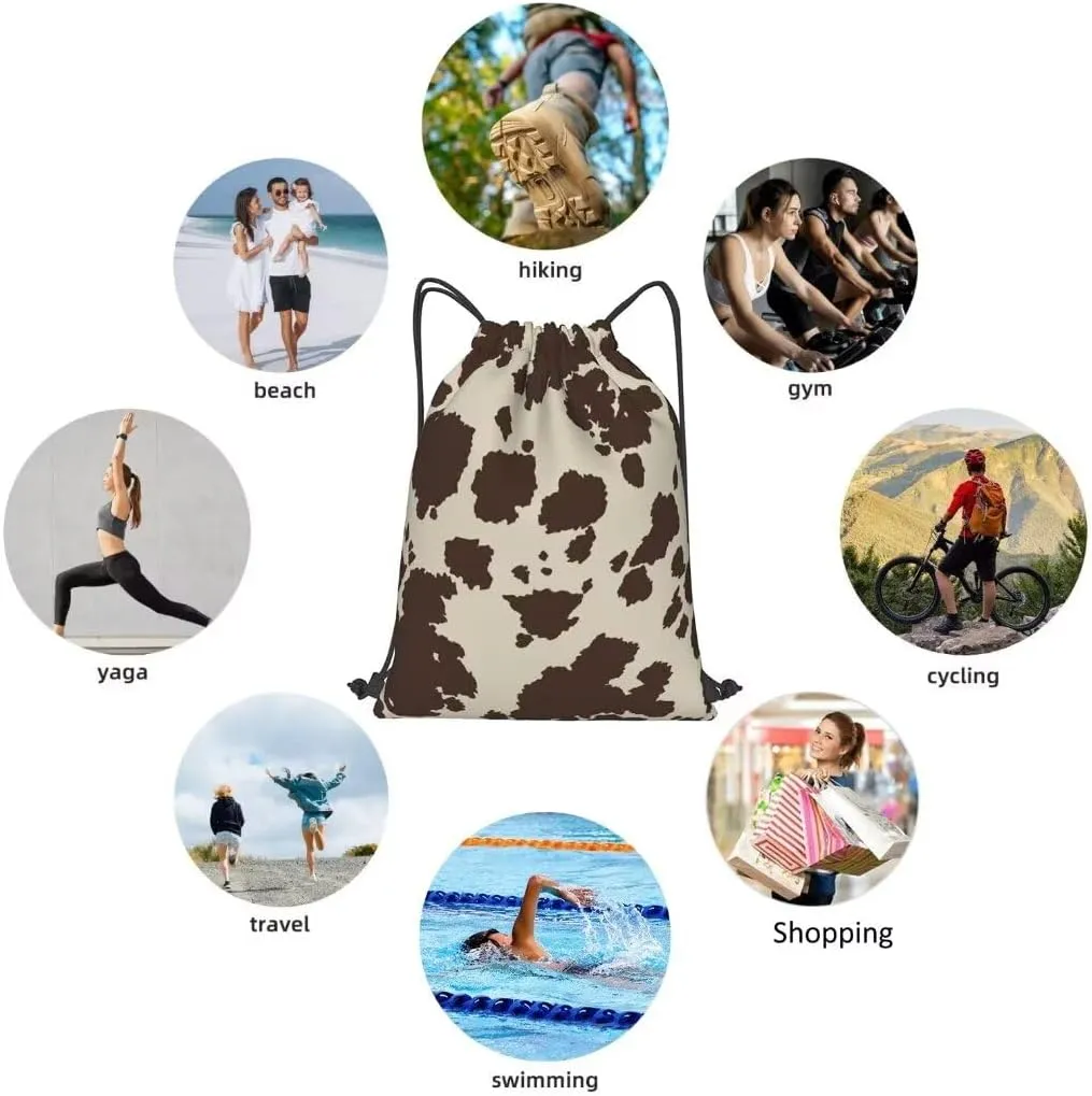 Cow Print Drawstring Bags Backpack Bag Brown Cow Fur Texture Western Farmhouse Cowhide String Bag Animal Skin Pattern Gym Backpack for Women Men Lightweight Sports Yoga Travel Bag Storage Bag