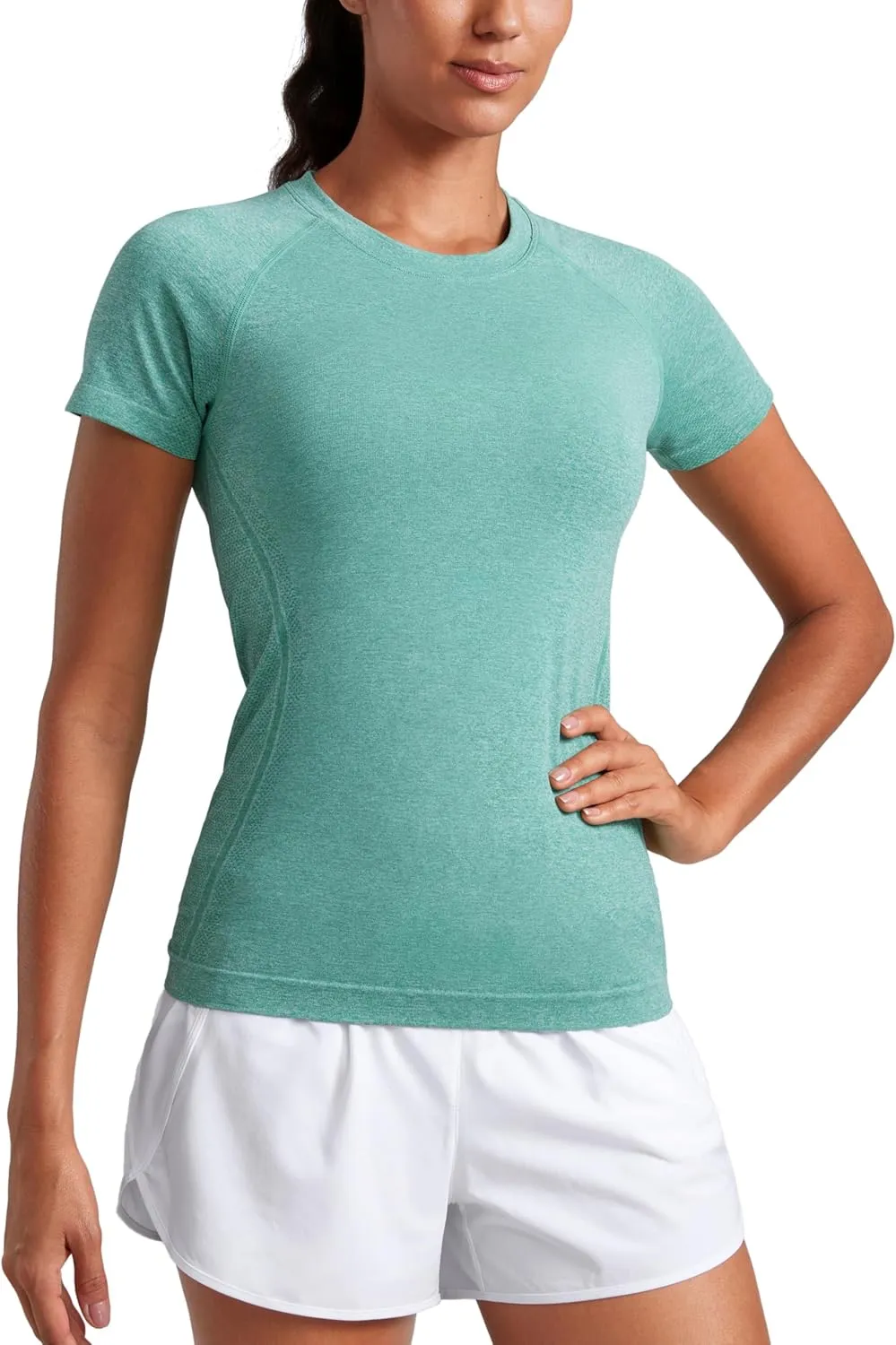 CRZ YOGA Seamless Workout Tops for Women Short Sleeve Athletic Tees Breathable Gym Running Yoga Shirts