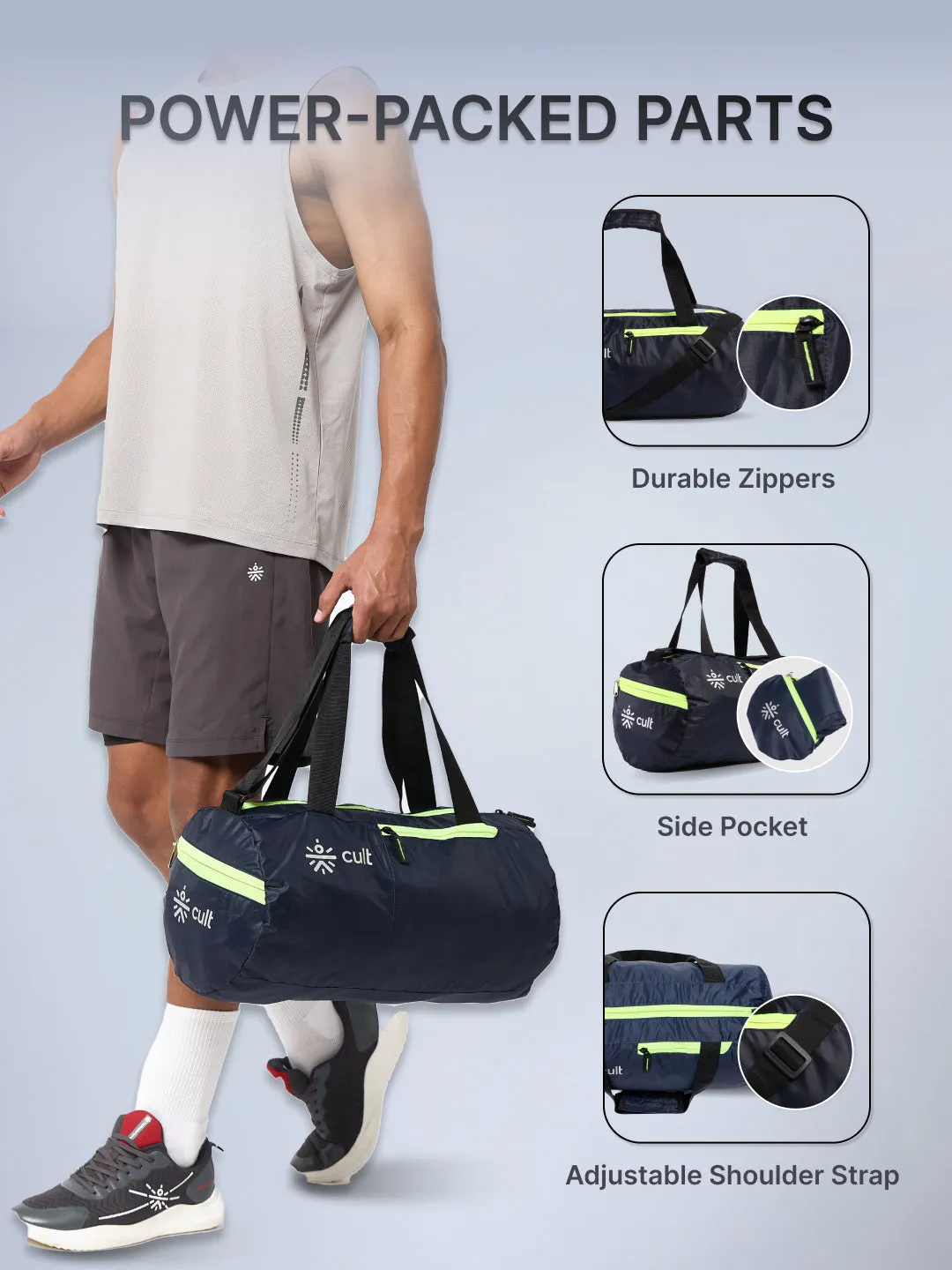 Cult 20 Litre Foldable Gym/Duffle Bag for Men & Women | Duffle Bag with Side Pocket & Shoulder Strap | Comfortable Handle | Neon
