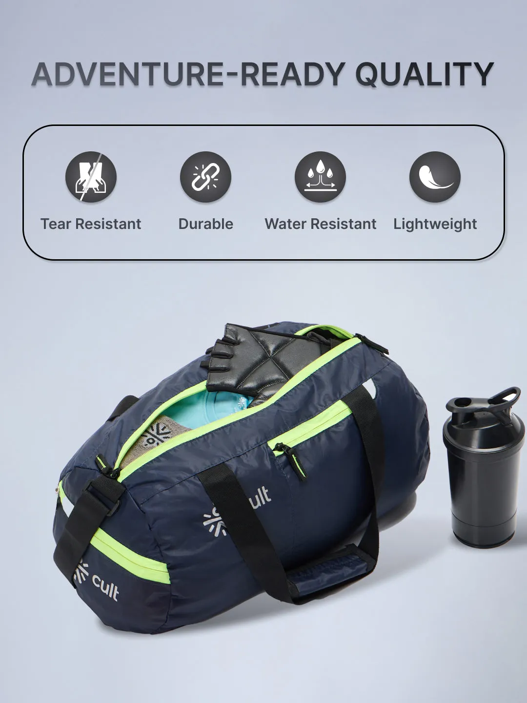 Cult 20 Litre Foldable Gym/Duffle Bag for Men & Women | Duffle Bag with Side Pocket & Shoulder Strap | Comfortable Handle | Neon
