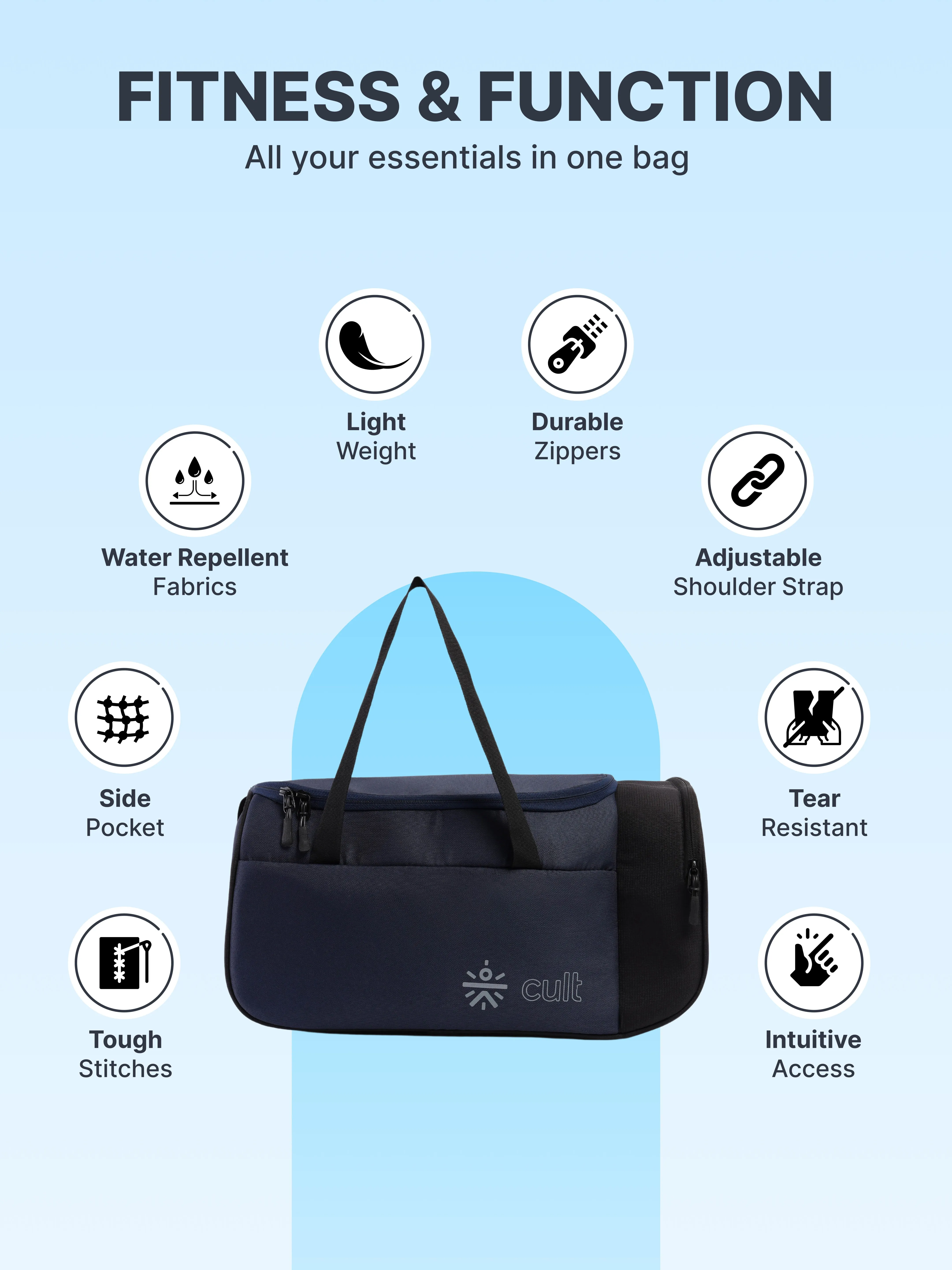 Cult 25 Litre Gym/Duffle Bag for Men & Women | Duffle Bag with Side Pocket & Shoulder Strap | Comfortable Handle | Black Navy