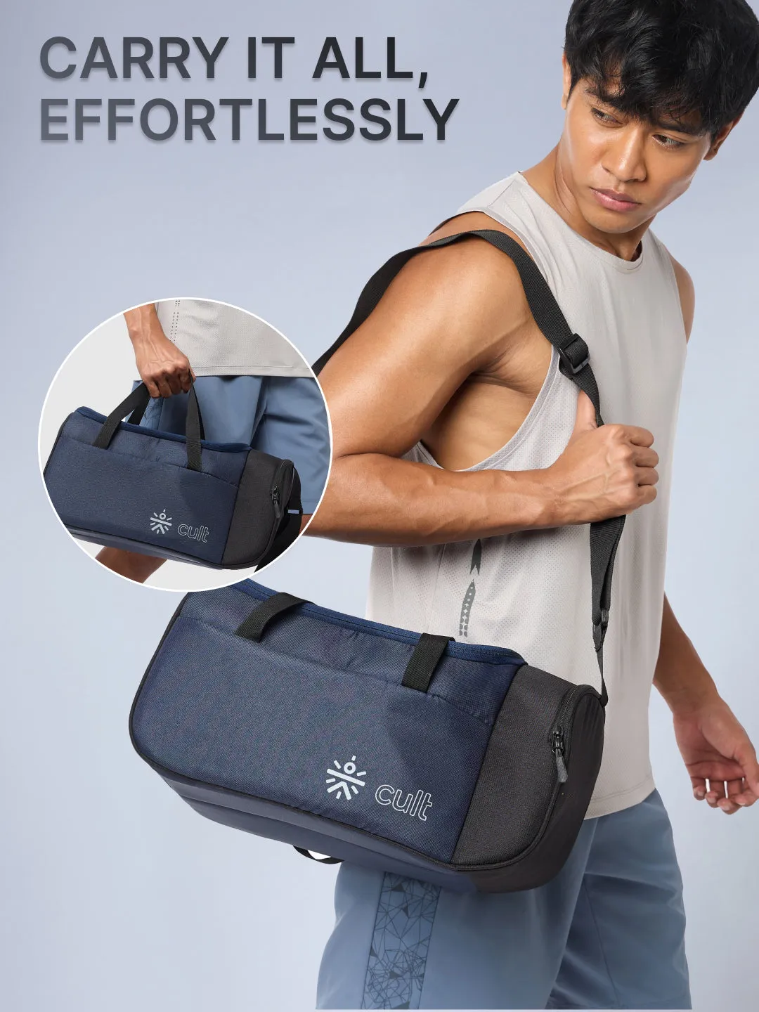 Cult 25 Litre Gym/Duffle Bag for Men & Women | Duffle Bag with Side Pocket & Shoulder Strap | Comfortable Handle | Black Navy