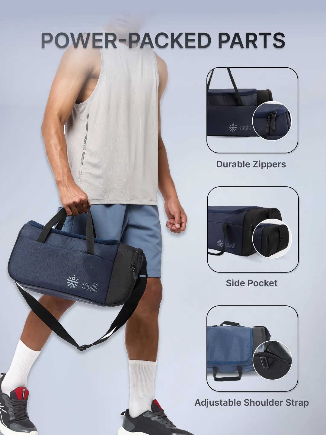 Cult 25 Litre Gym/Duffle Bag for Men & Women | Duffle Bag with Side Pocket & Shoulder Strap | Comfortable Handle | Black Navy