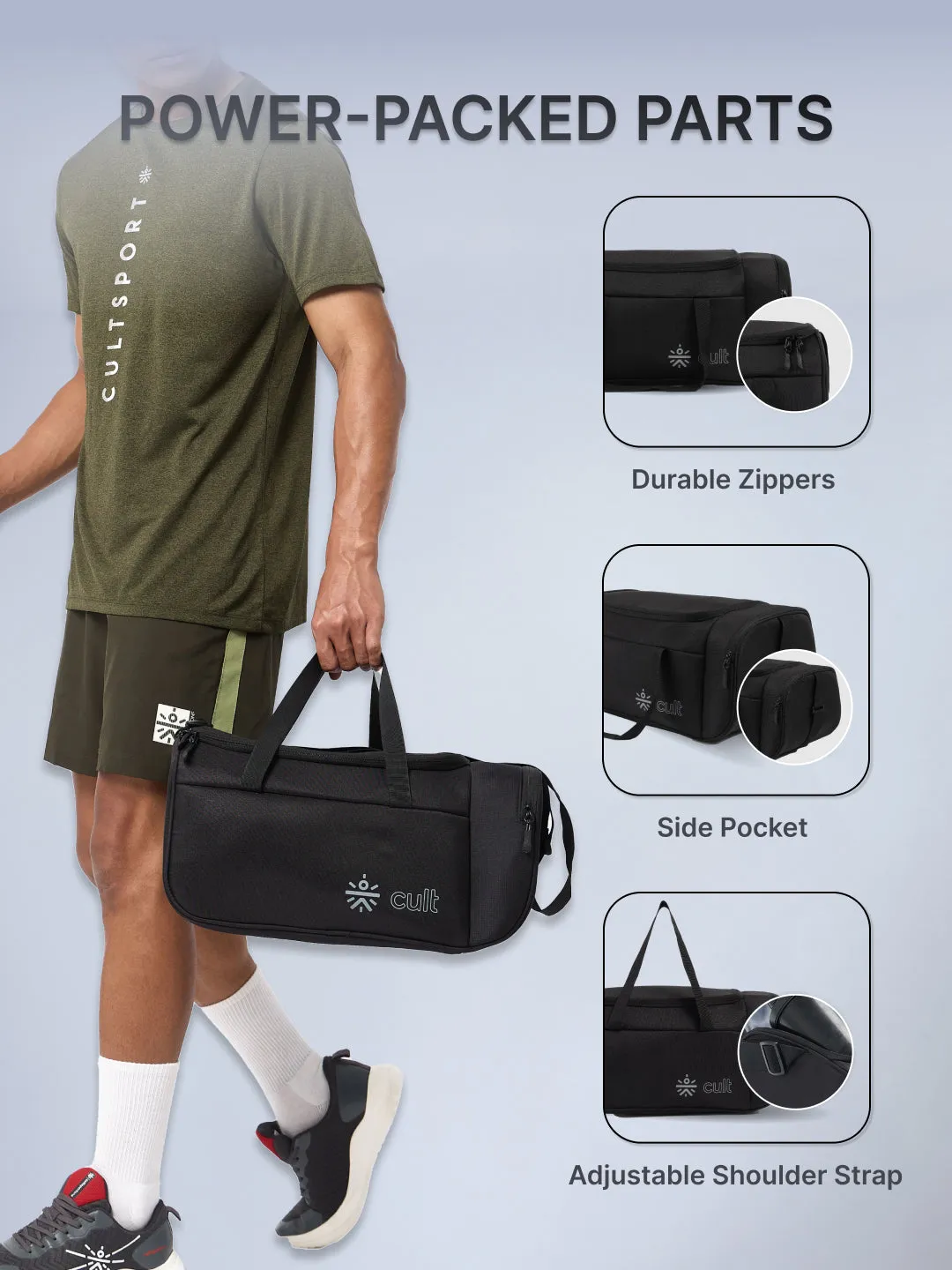 Cult 25 Litre Gym/Duffle Bag for Men & Women | Duffle Bag with Side Pocket & Shoulder Strap | Comfortable Handle | Black