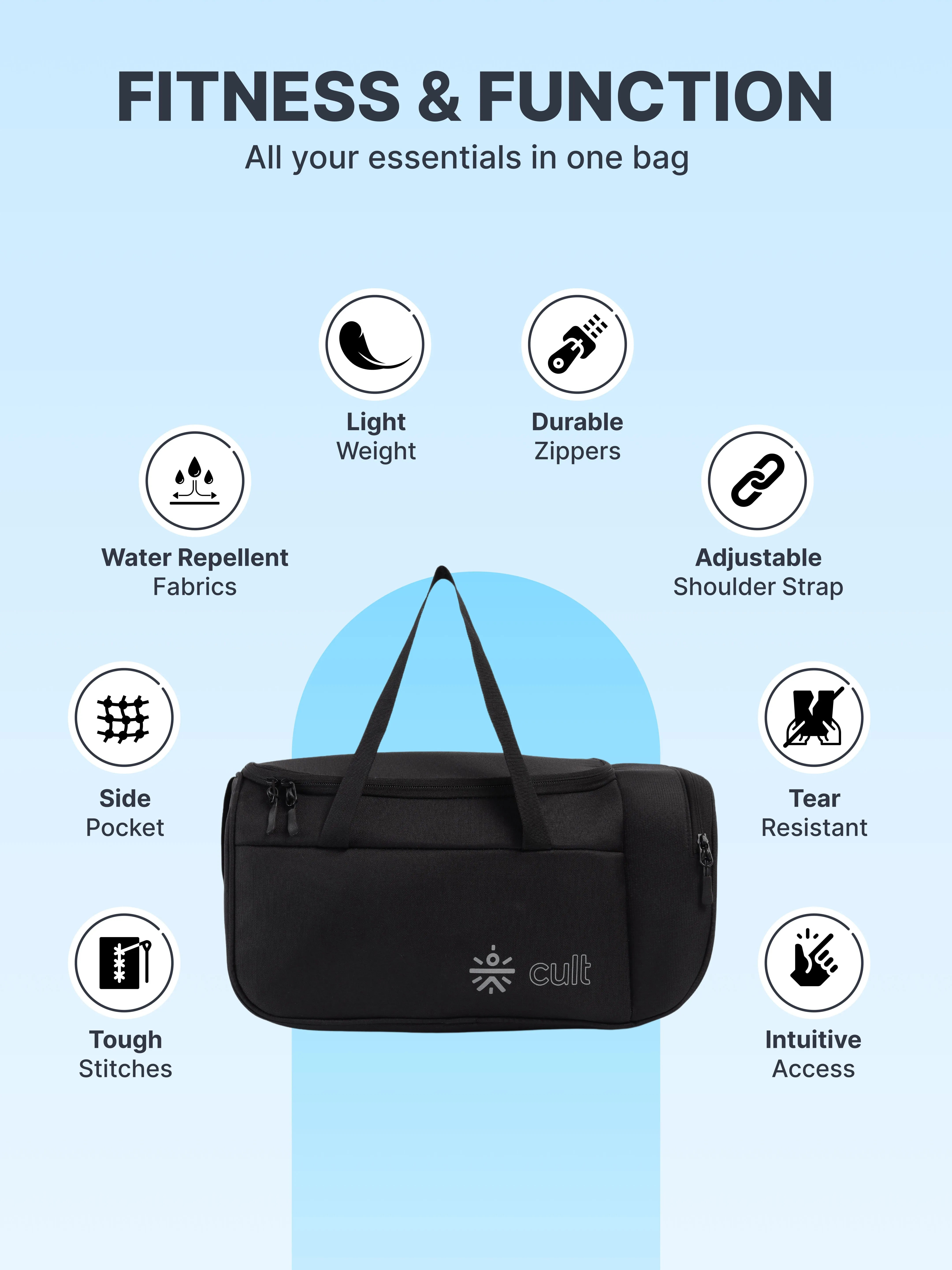 Cult 25 Litre Gym/Duffle Bag for Men & Women | Duffle Bag with Side Pocket & Shoulder Strap | Comfortable Handle | Black