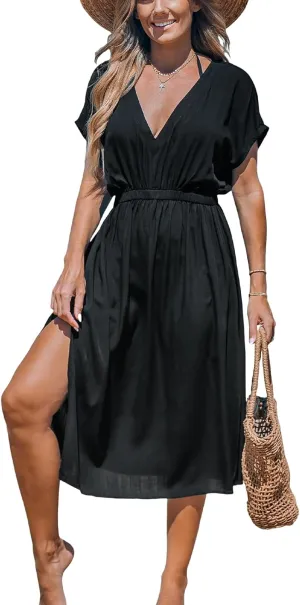 CUPSHE Women Beach Cover Up V Neck Short Sleeve Striped Midi Swimsuit Coverup Dress XS-XXL