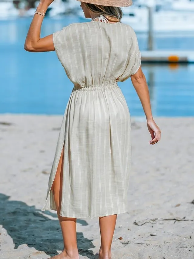 CUPSHE Women Beach Cover Up V Neck Short Sleeve Striped Midi Swimsuit Coverup Dress XS-XXL