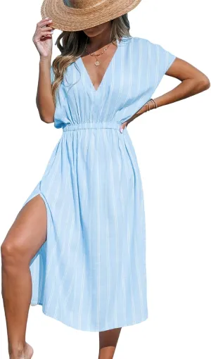CUPSHE Women Beach Cover Up V Neck Short Sleeve Striped Midi Swimsuit Coverup Dress XS-XXL