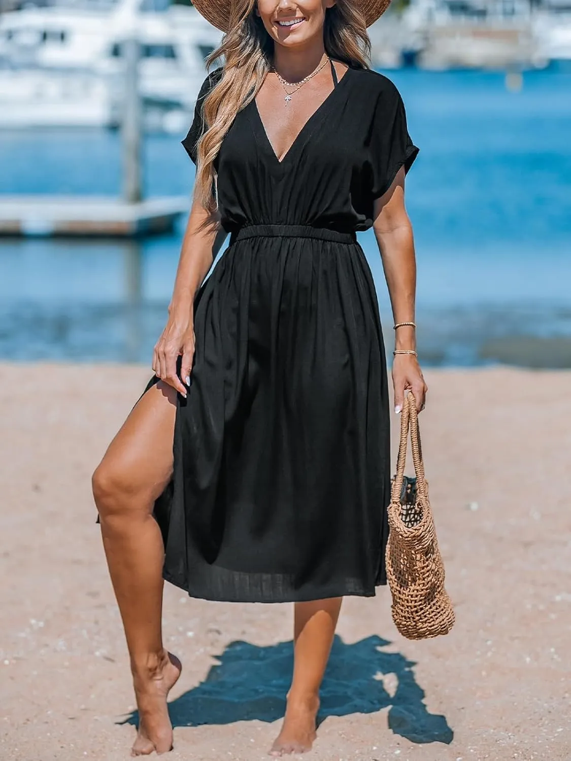 CUPSHE Women Beach Cover Up V Neck Short Sleeve Striped Midi Swimsuit Coverup Dress XS-XXL