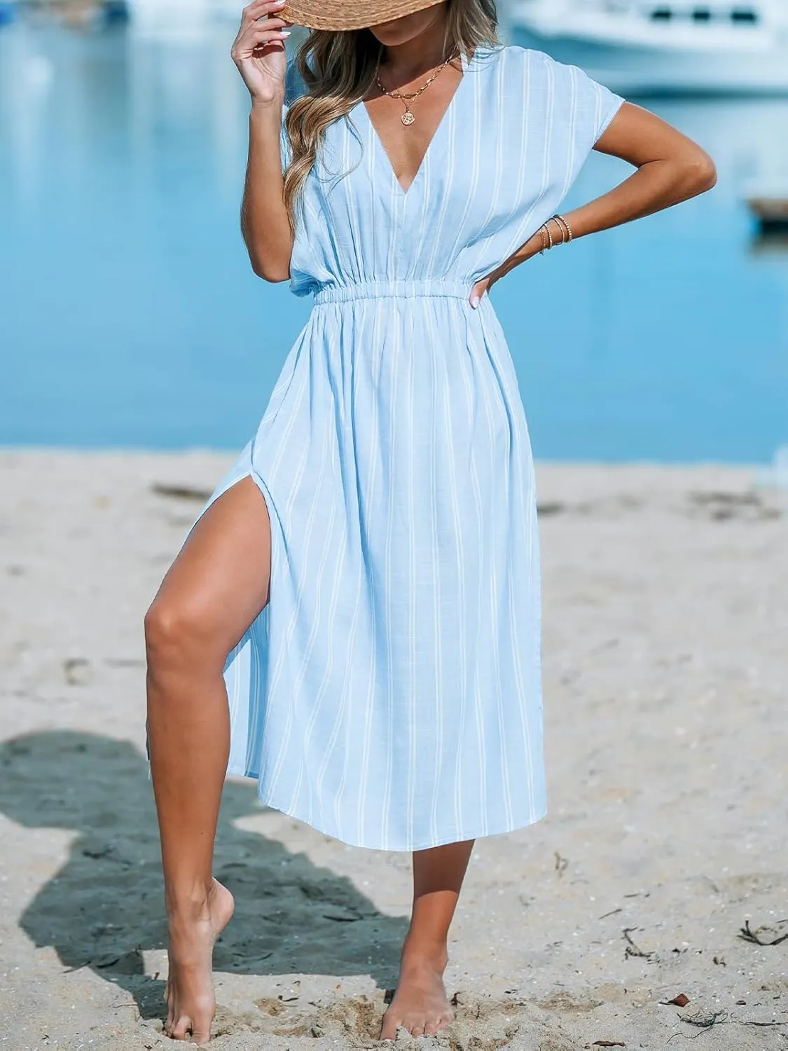 CUPSHE Women Beach Cover Up V Neck Short Sleeve Striped Midi Swimsuit Coverup Dress XS-XXL