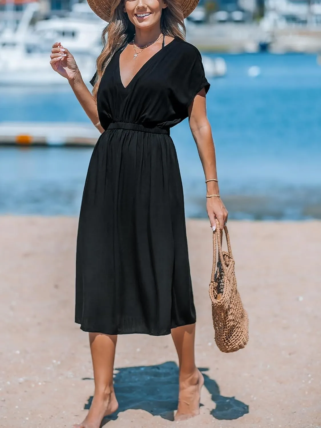 CUPSHE Women Beach Cover Up V Neck Short Sleeve Striped Midi Swimsuit Coverup Dress XS-XXL