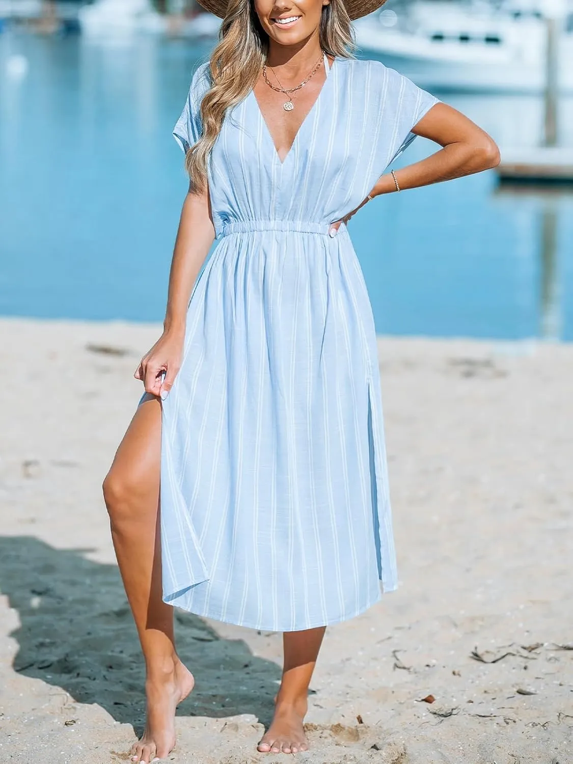 CUPSHE Women Beach Cover Up V Neck Short Sleeve Striped Midi Swimsuit Coverup Dress XS-XXL
