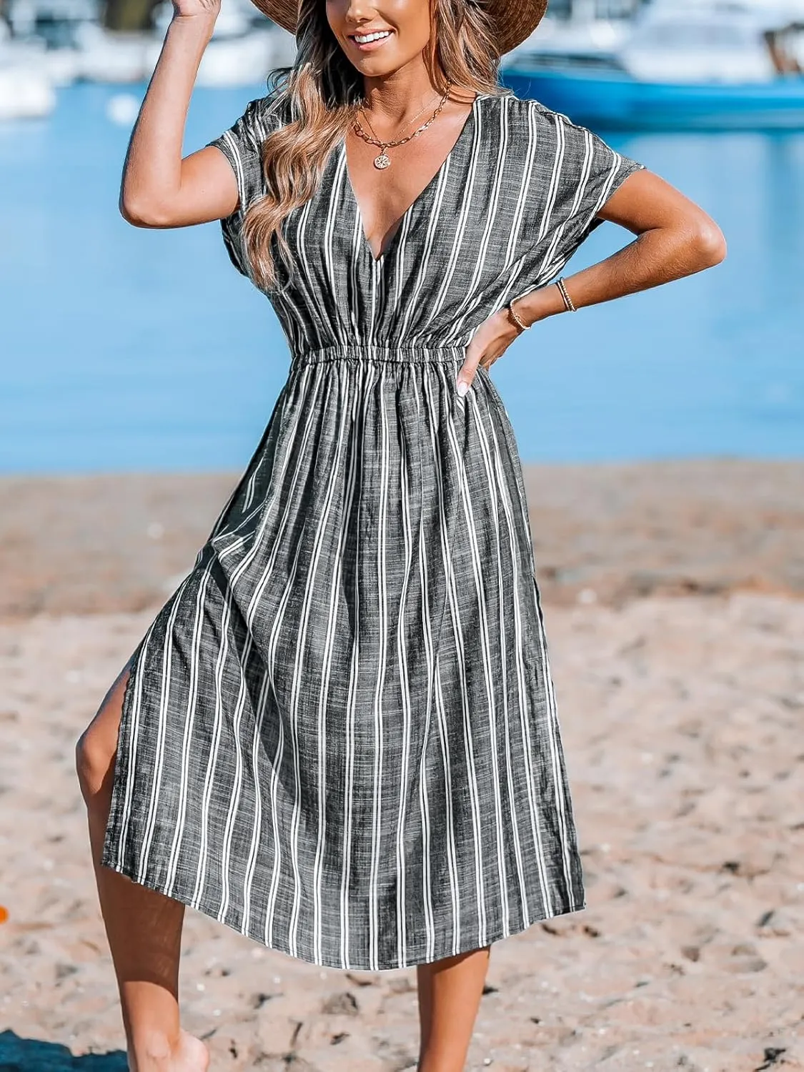 CUPSHE Women Beach Cover Up V Neck Short Sleeve Striped Midi Swimsuit Coverup Dress XS-XXL