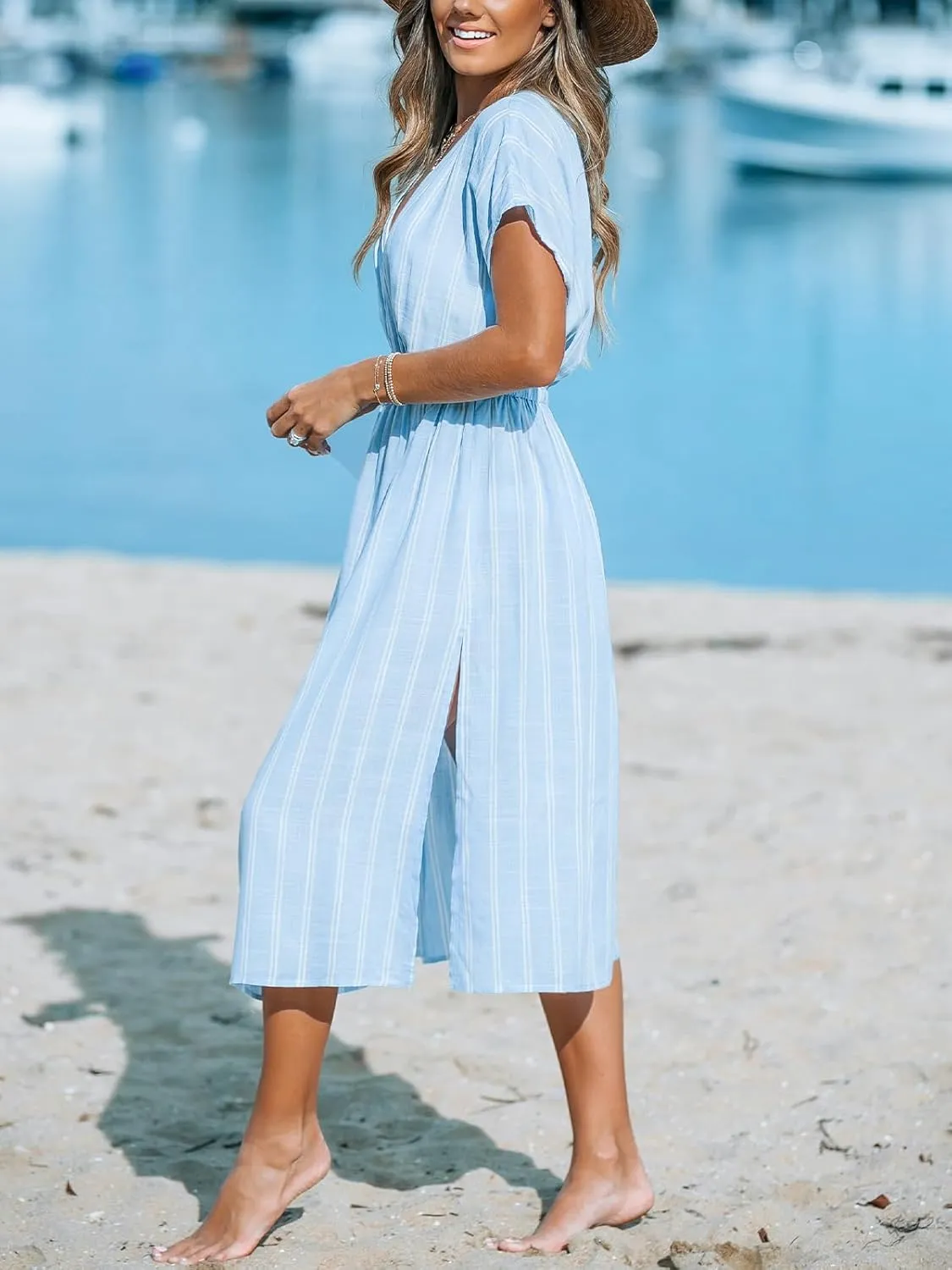 CUPSHE Women Beach Cover Up V Neck Short Sleeve Striped Midi Swimsuit Coverup Dress XS-XXL