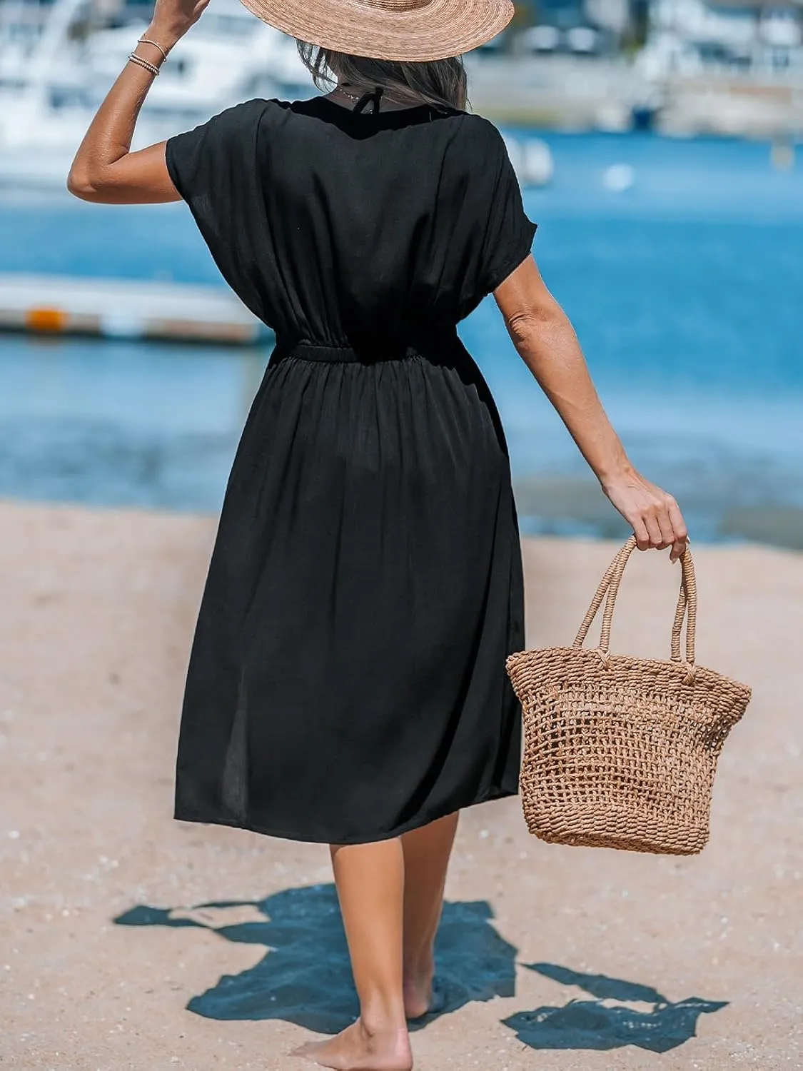 CUPSHE Women Beach Cover Up V Neck Short Sleeve Striped Midi Swimsuit Coverup Dress XS-XXL