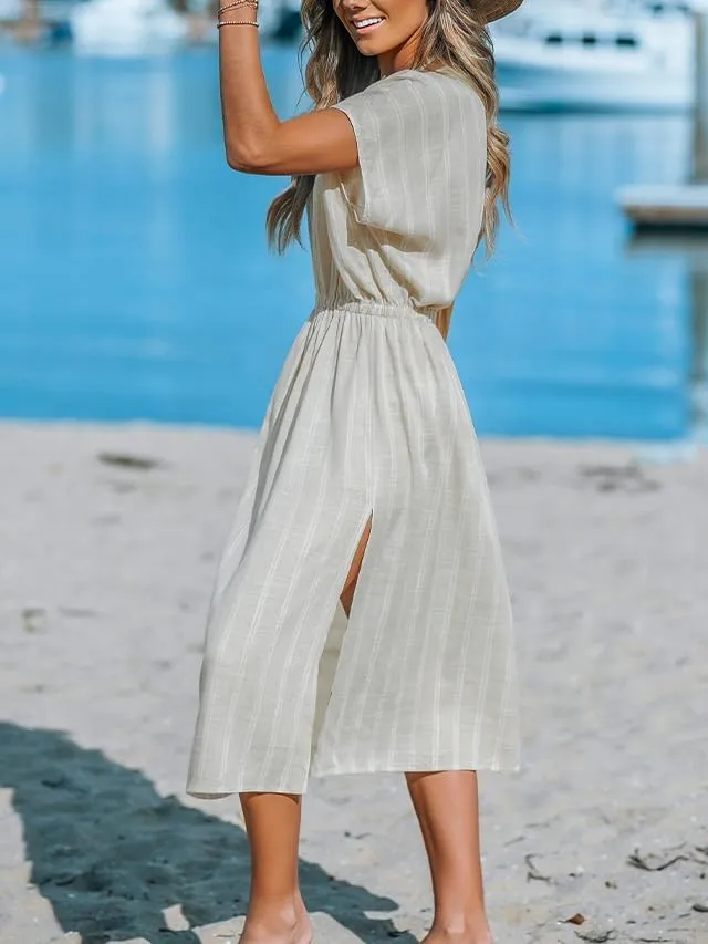 CUPSHE Women Beach Cover Up V Neck Short Sleeve Striped Midi Swimsuit Coverup Dress XS-XXL