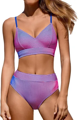 CUPSHE Women's Bikini Sets Two Piece Swimsuit High Waisted Striped V Neck Swimwear Back Tie
