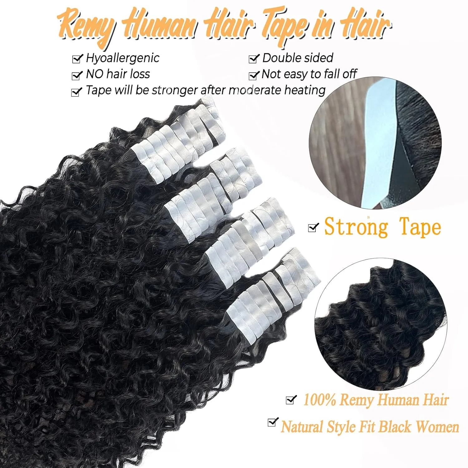Curly Tape ins 40 pcs Kinky Tape in Hair Extensions Human Hair Natrual Black for Women 14 Inch 100G