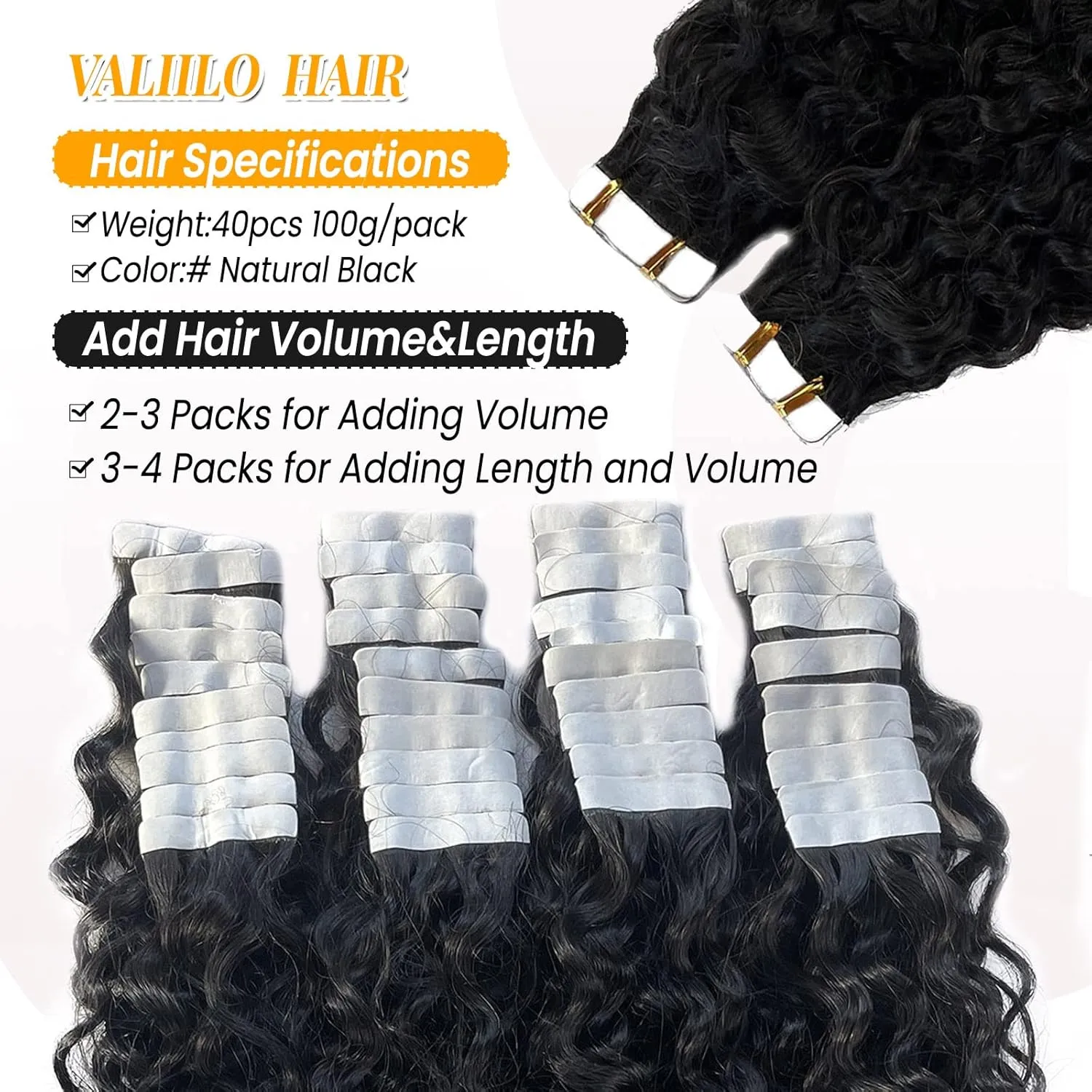 Curly Tape ins 40 pcs Kinky Tape in Hair Extensions Human Hair Natrual Black for Women 14 Inch 100G