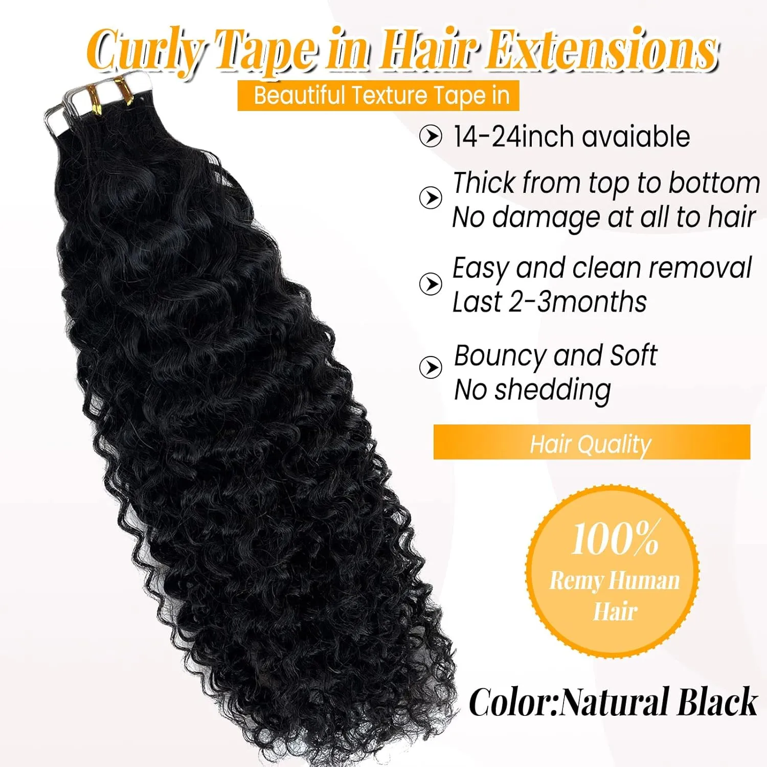 Curly Tape ins 40 pcs Kinky Tape in Hair Extensions Human Hair Natrual Black for Women 14 Inch 100G